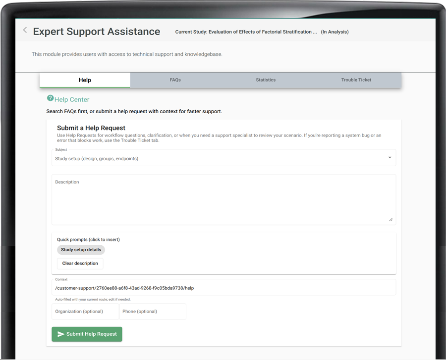 Seralogix Study Manager Expert Assistant UI with AI enabled functionality for help and statistics. Also trouble ticket submission.