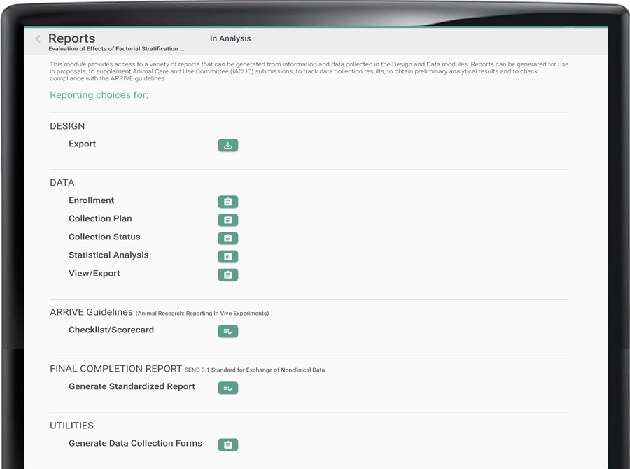 Seralogix Study Manager Reports UI. Lists reports that are available to generate as well as enabling summary statistical analysis.