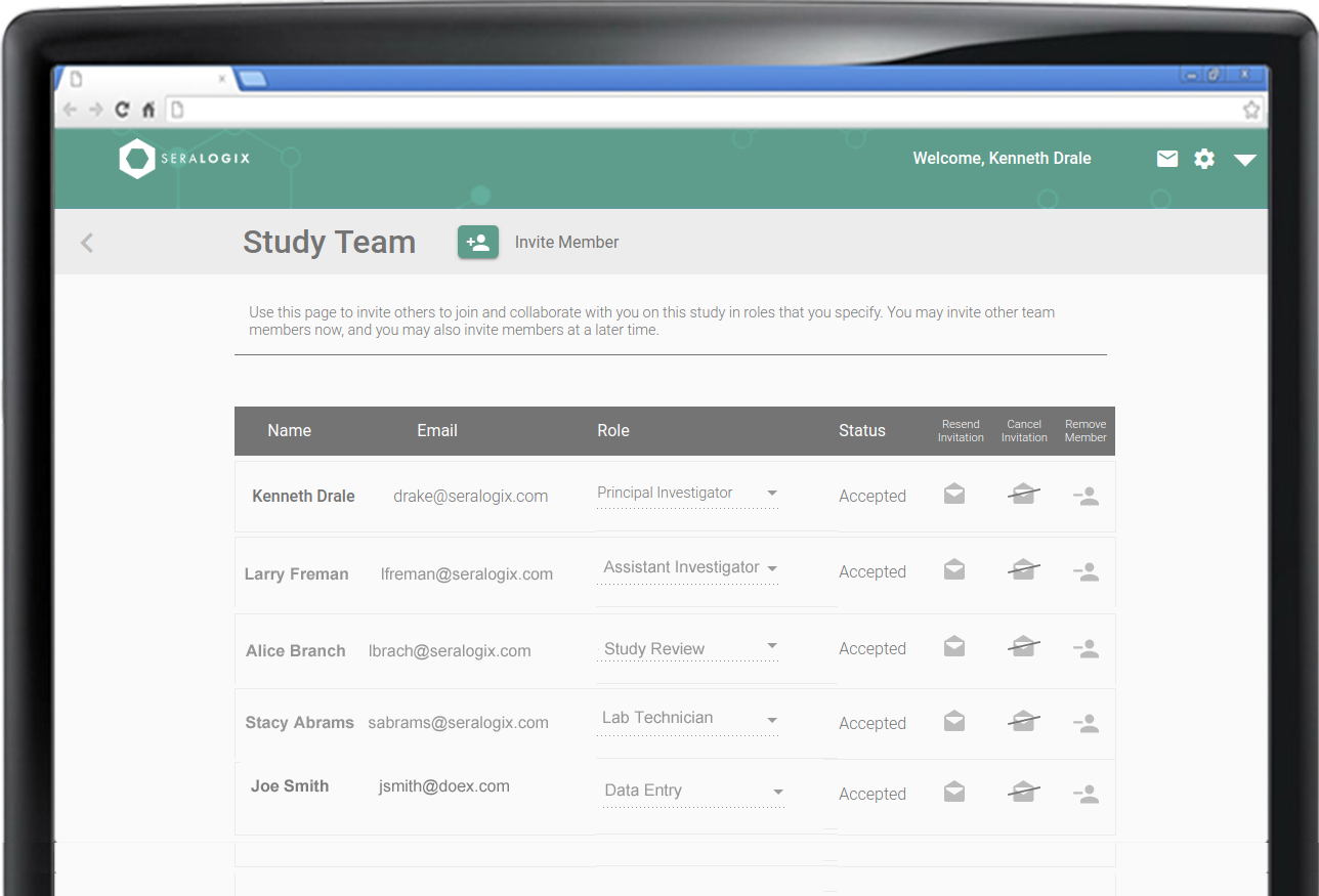 Seralogix Study Manager Team management UI